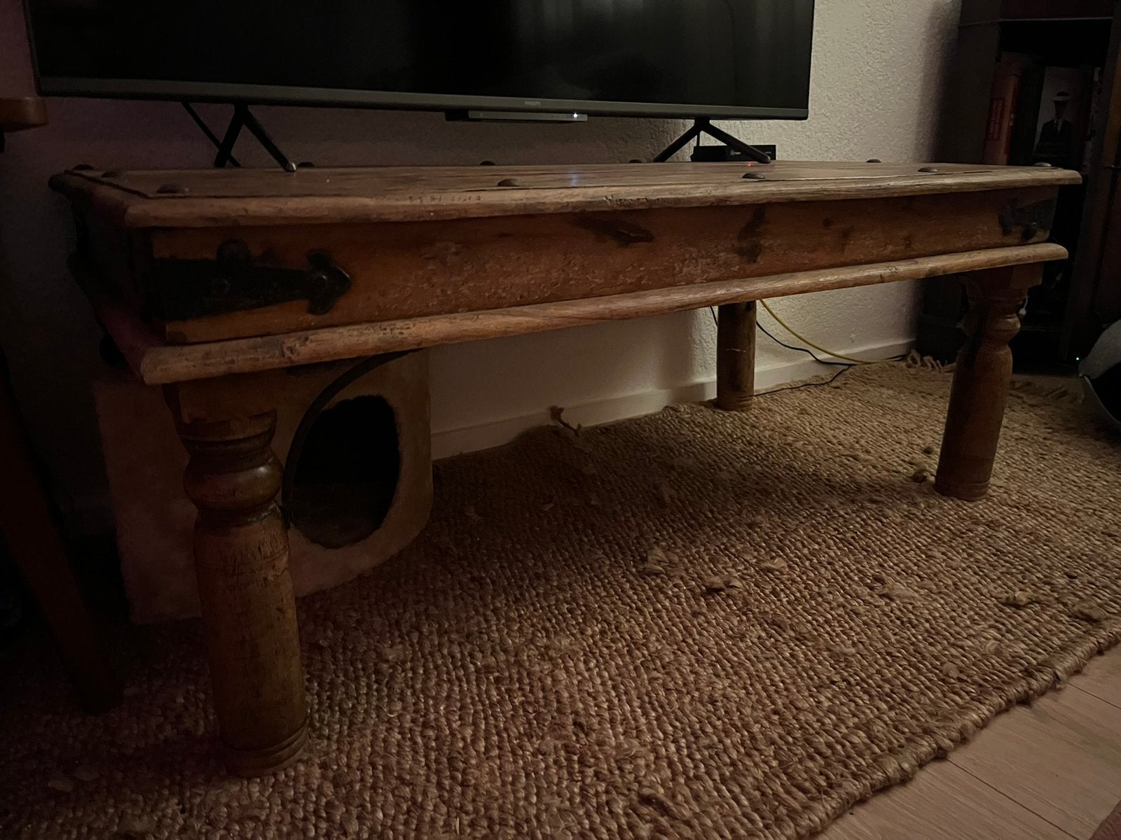 Spaanse salontafel: massief eikenhout en smeedijzeren beslag, Ophalen, Gebruikt, 100 tot 150 cm, 50 tot 100 cm