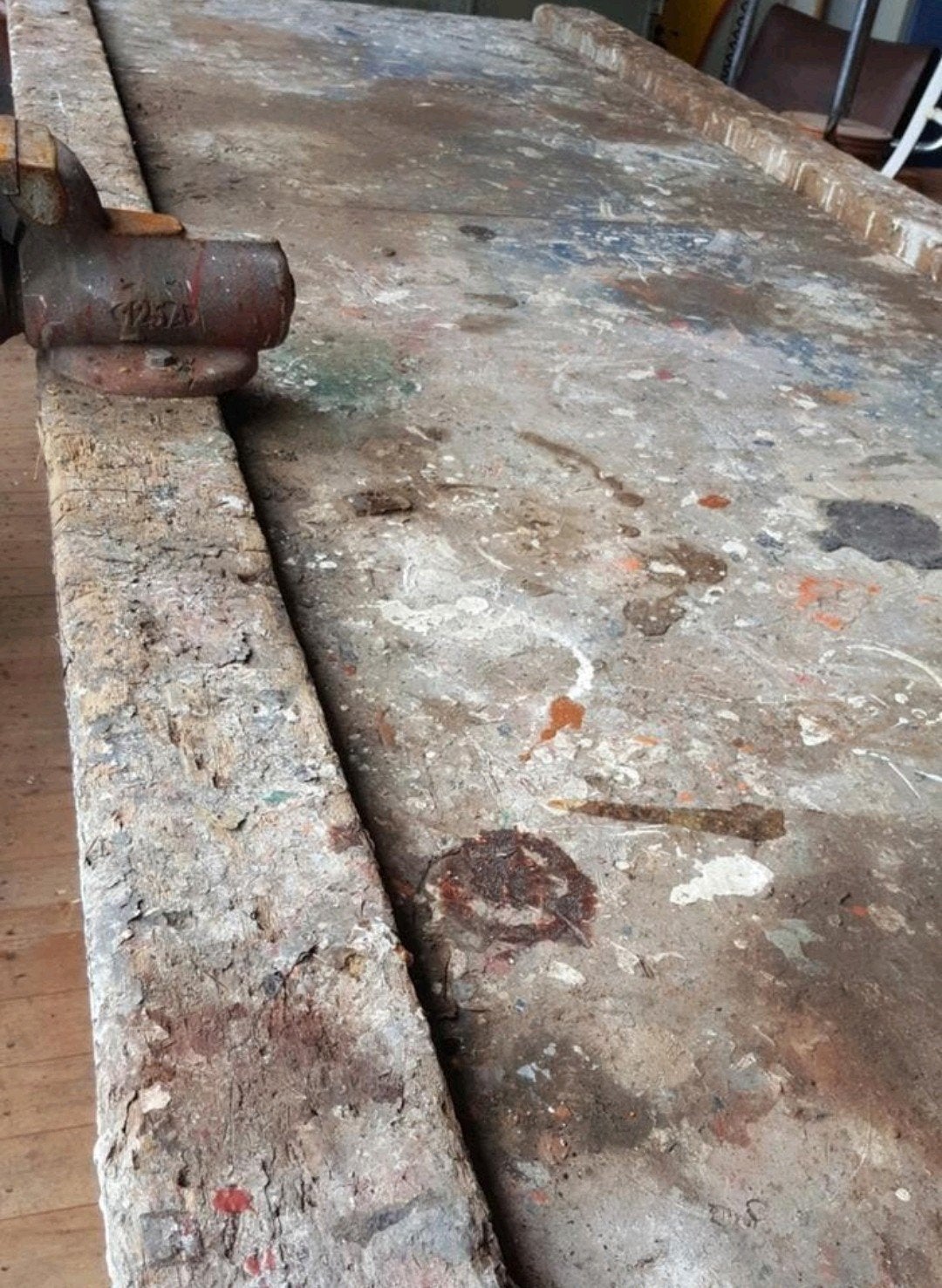 zwaar en groot werkblad van oude werkbank / industrieel, Doe-het-zelf en Verbouw, Werkbanken, Ophalen, Gebruikt