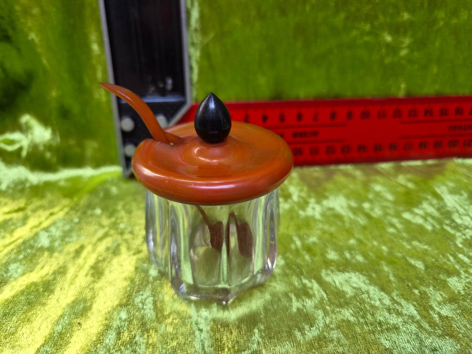 Vintage Mosterdpotje met Lepel - Glas en Bakeliet, Antiek en Kunst, Ophalen of Verzenden