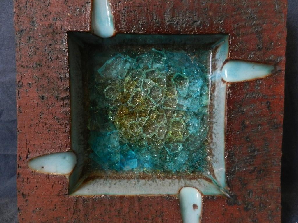 Vierkante asbak blauw craquele glazuur Groeneveldt b 17,5 cm, Antiek en Kunst, Ophalen of Verzenden