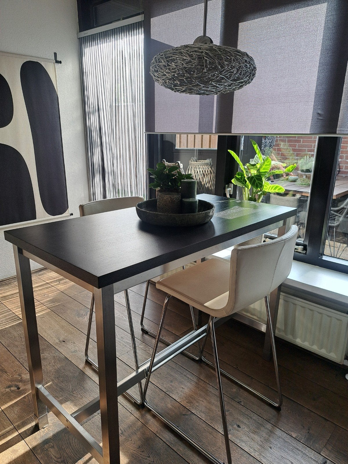 Stijlvolle Bartafel met 2 Barkrukken - Zwart/RVS, Ophalen of Verzenden, Zo goed als nieuw