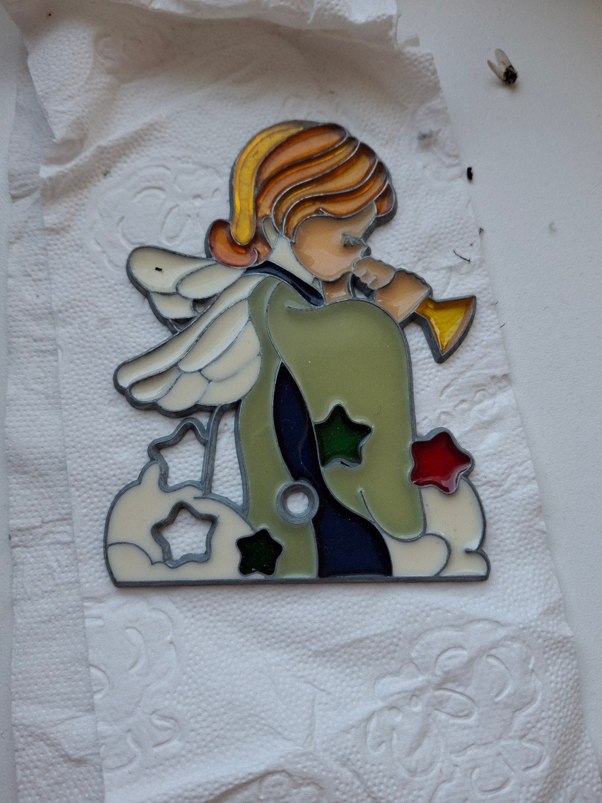 Glas-in-lood engel met trompet, stukje los, Ophalen of Verzenden