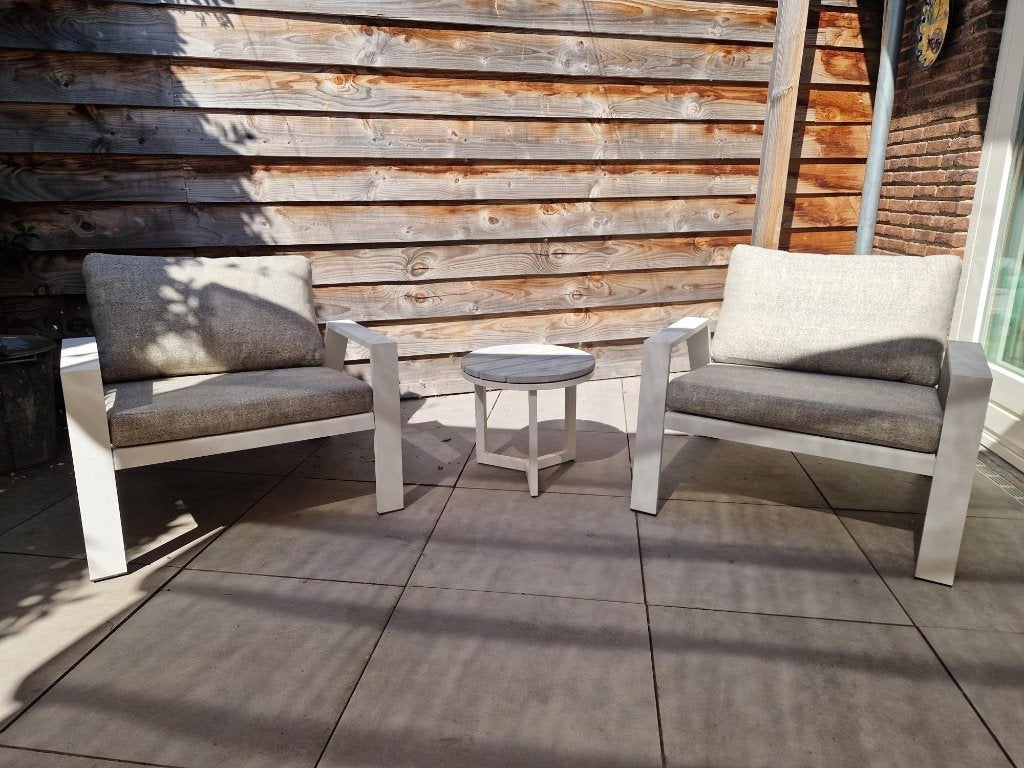 Luxe Borek design loungeset – 2 stoelen + tafeltje + kussens, Ophalen, Zo goed als nieuw, Metaal