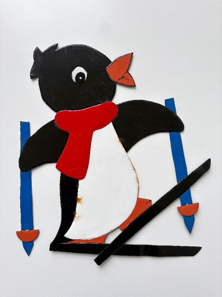 Vintage metalen wanddecoratie, pinguïn op ski's, retro, Metaal, Gebruikt, 30 cm, 33 cm