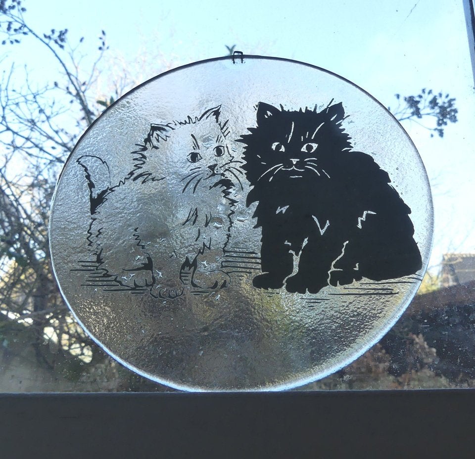 Vintage glazen plaquette poezen kat poes glas, Gebruikt, 16 cm, Ophalen of Verzenden, Glas