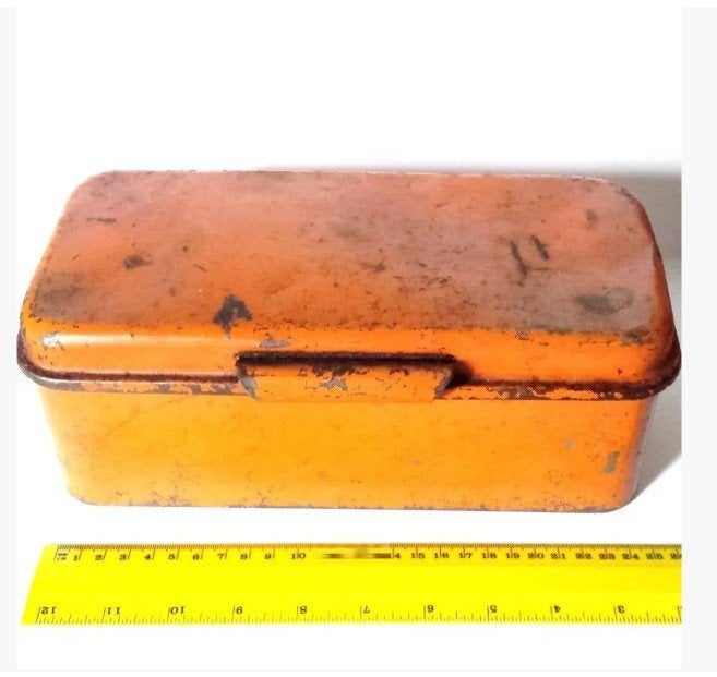 Oud Antiek Blik oranje. Vintage Kist van Retro Verzameling, Verzamelen, Blikken, Ophalen of Verzenden, Gebruikt, Overige