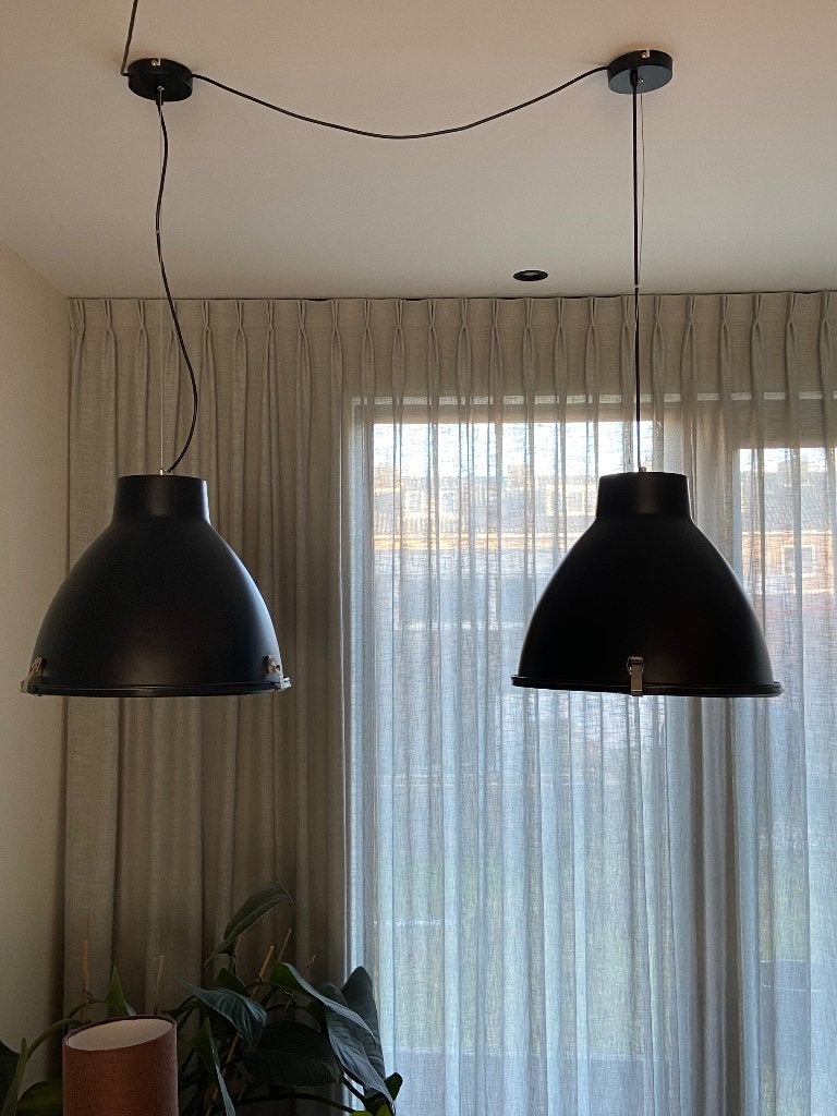 Set van 2 zwarte industriële hanglampen, Ophalen, Gebruikt, E27 (groot), Metaal
