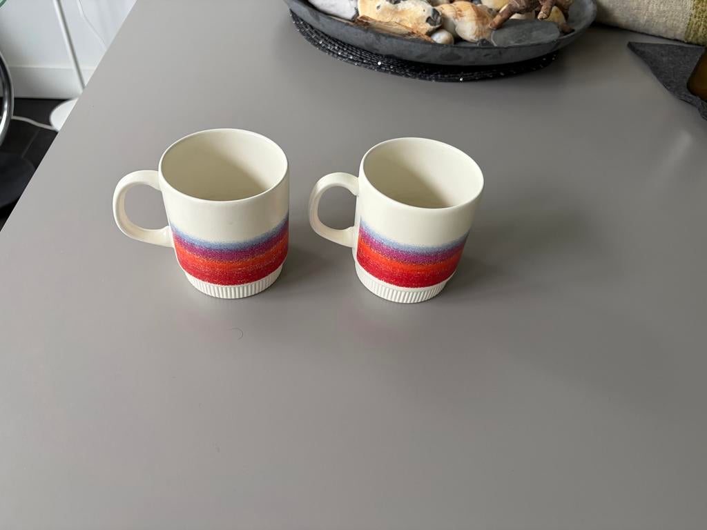 2x Vintage Poole mokken - Regenboog design, Ophalen