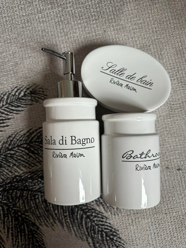 Riviera Maison Badkamer Set - Zeepdispenser, Potje, Zeepbakj, Ophalen, Nieuw, Wit, Overige typen