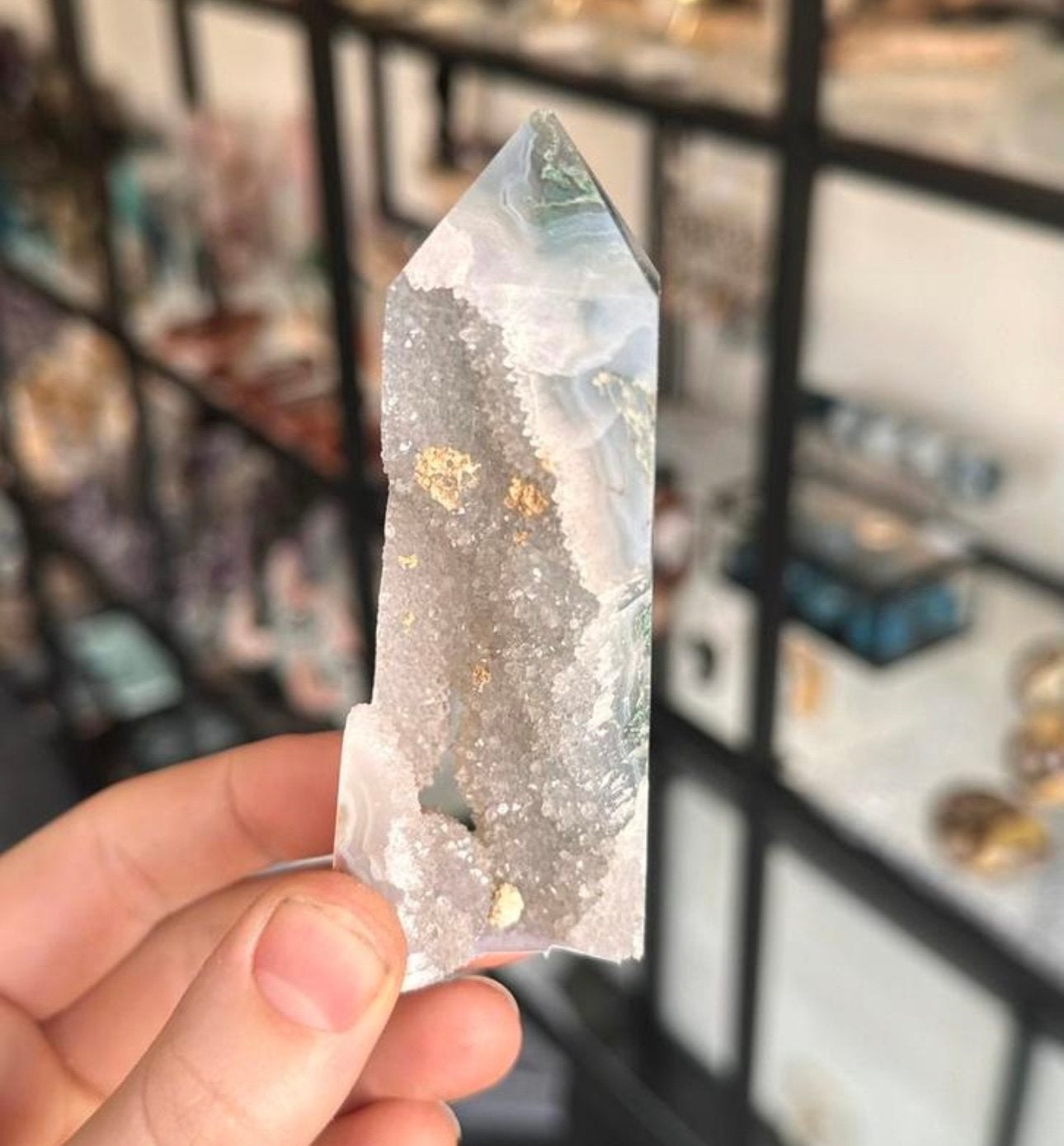 Prachtige druzy mosagaat punt!, Ophalen of Verzenden