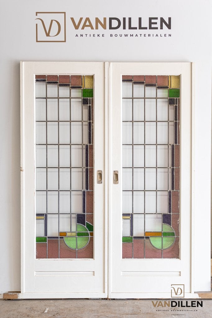 Set antieke en-suite / schuifdeuren glas in lood 211 x 155, Ophalen, Gebruikt, 120 cm of meer, Binnendeur