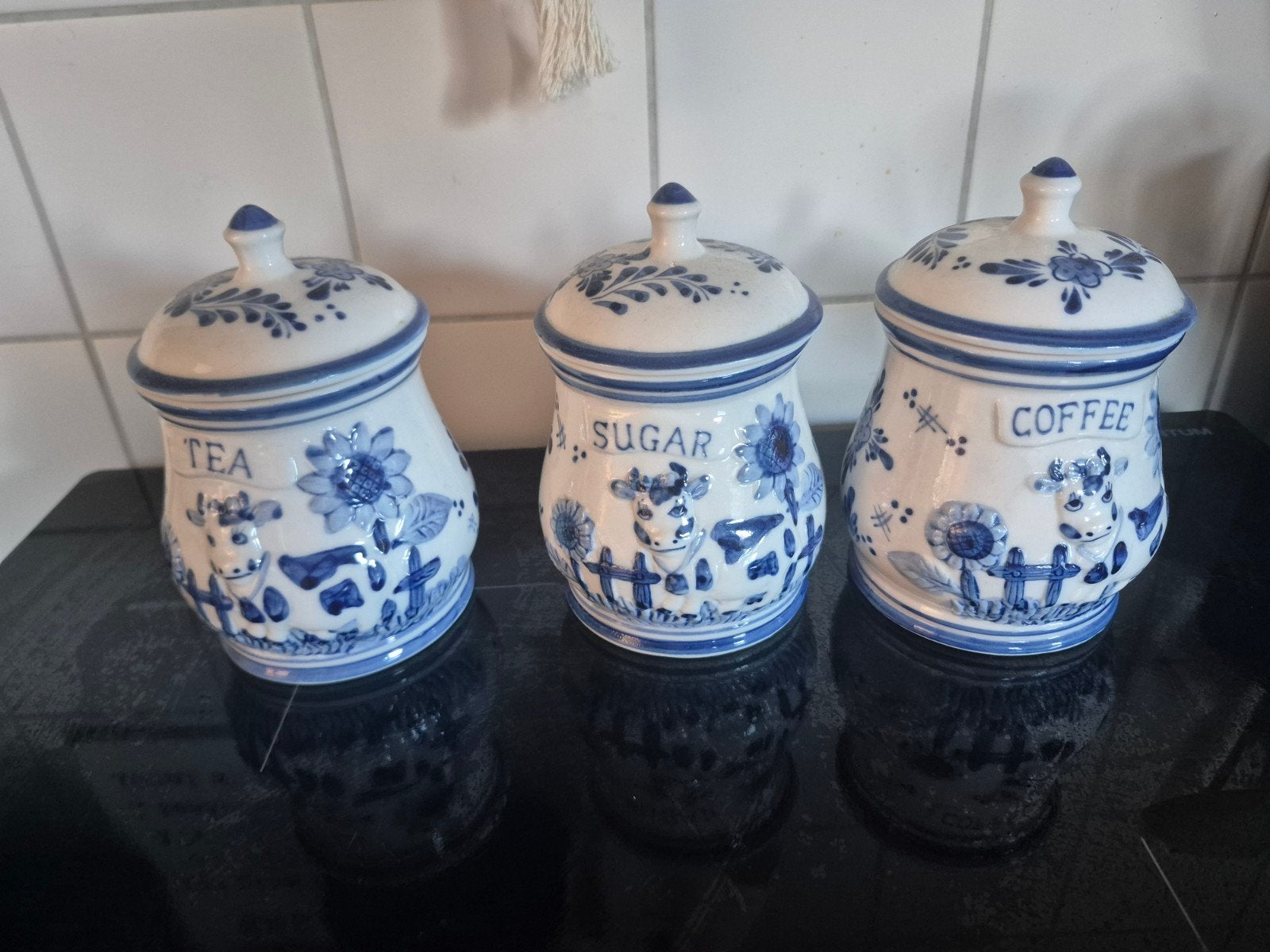 Delfts Blauwe Voorraadpotten Set - Thee, Suiker, Koffie, Antiek en Kunst, Ophalen