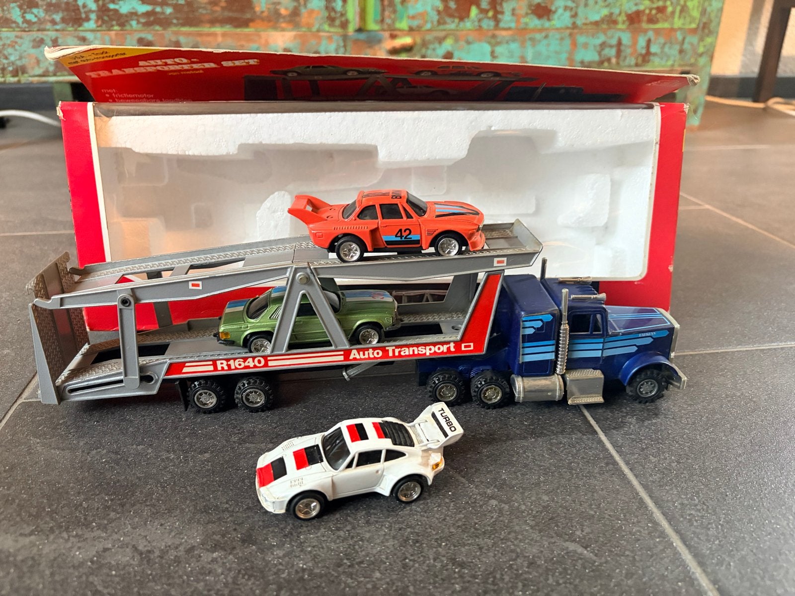 Vintage Auto Transporter Set met 3 auto's, Ophalen of Verzenden, Zo goed als nieuw