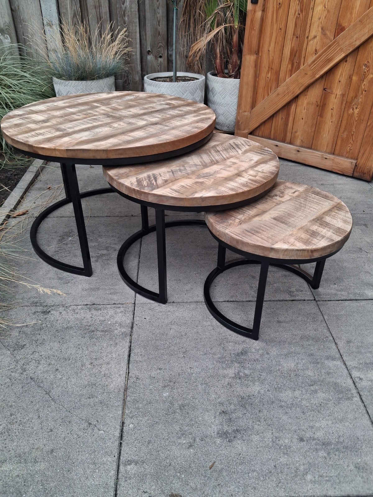 3 mooie salontafels van mangohout merk Goossens.Ø76cm, Huis en Inrichting, Tafels | Salontafels, Ophalen, 50 tot 100 cm, Rond