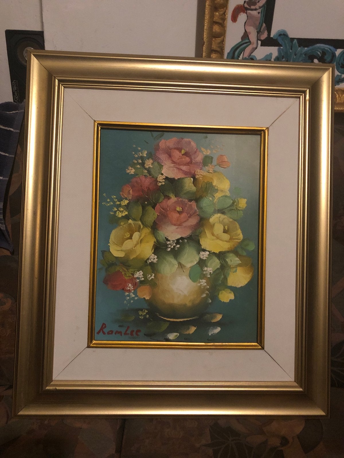 Origineel schilderij Romlee: Rozen en Gipskruid in Vaas, Doek, Realistisch, Gesigneerd, Olieverf