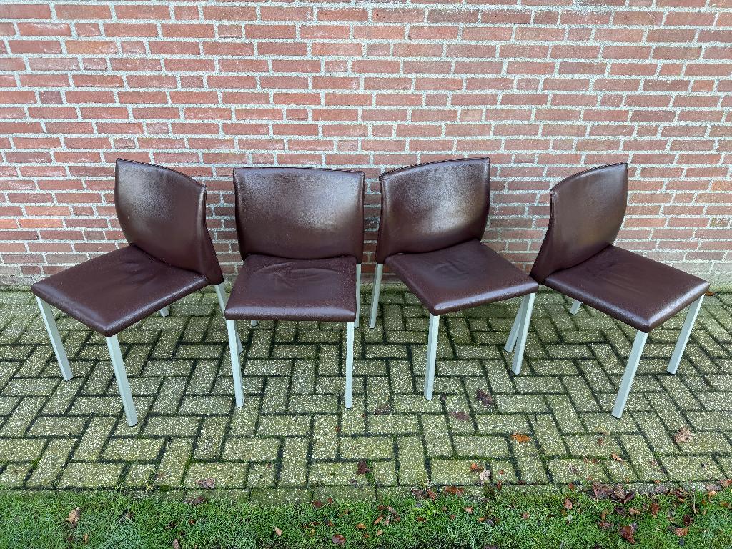 4x Leolux Myto eetkamerstoelen bruin leer, Huis en Inrichting, Stoelen, Gebruikt, Vier, Leer, Bruin, Ophalen