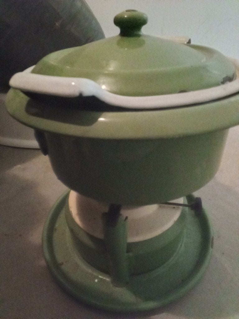 Vintage Groene Emaille Fonduepan met Rechaud, Ophalen, Gebruikt