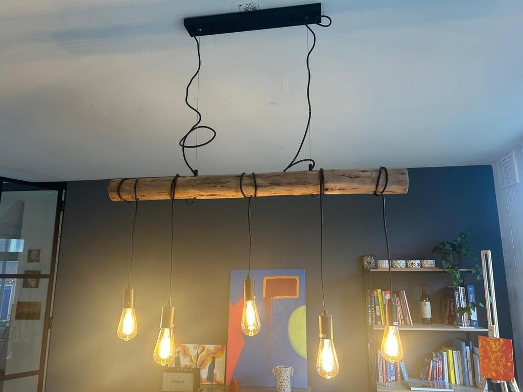 Edison lampen industriële hanglamp houten bal, Huis en Inrichting, Lampen | Hanglampen, Zo goed als nieuw, Minder dan 50 cm, Hout