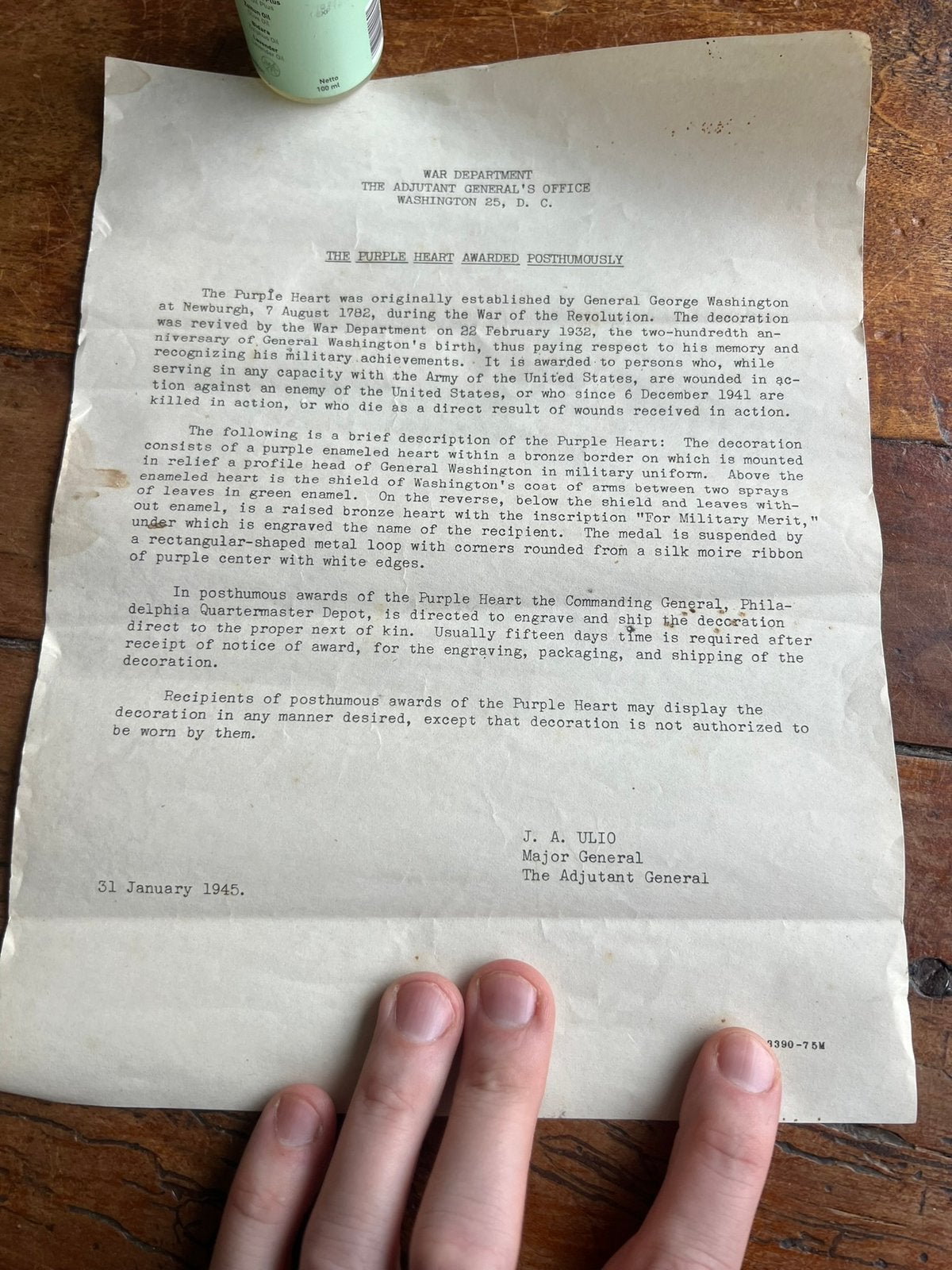 WO2 Amerikaans Bijlage Posthuum Purple Heart KIA 1945, Verzamelen, Amerika, Verzenden, Boek of Tijdschrift