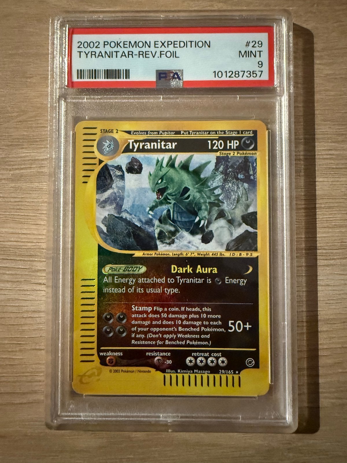 PSA 9 MINT 2002 Pokemon Expedition Rev Tyranitar #29, Ophalen of Verzenden, Zo goed als nieuw, Losse kaart, Foil