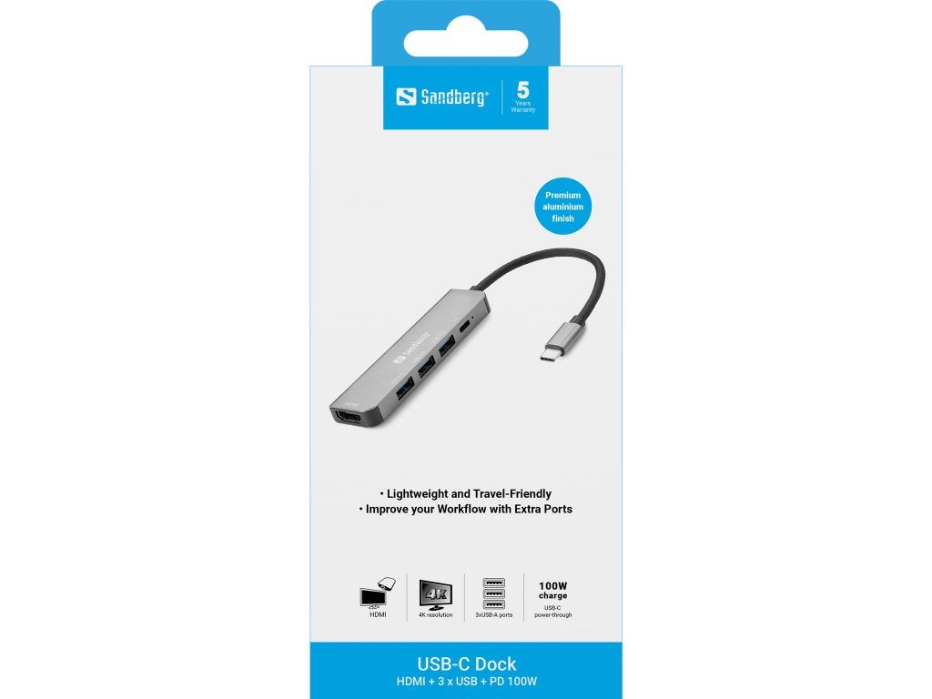 USB-C Dock HDMI+3xUSB+PD 100W, Docking station, Verzenden, Nieuw, Sandberg