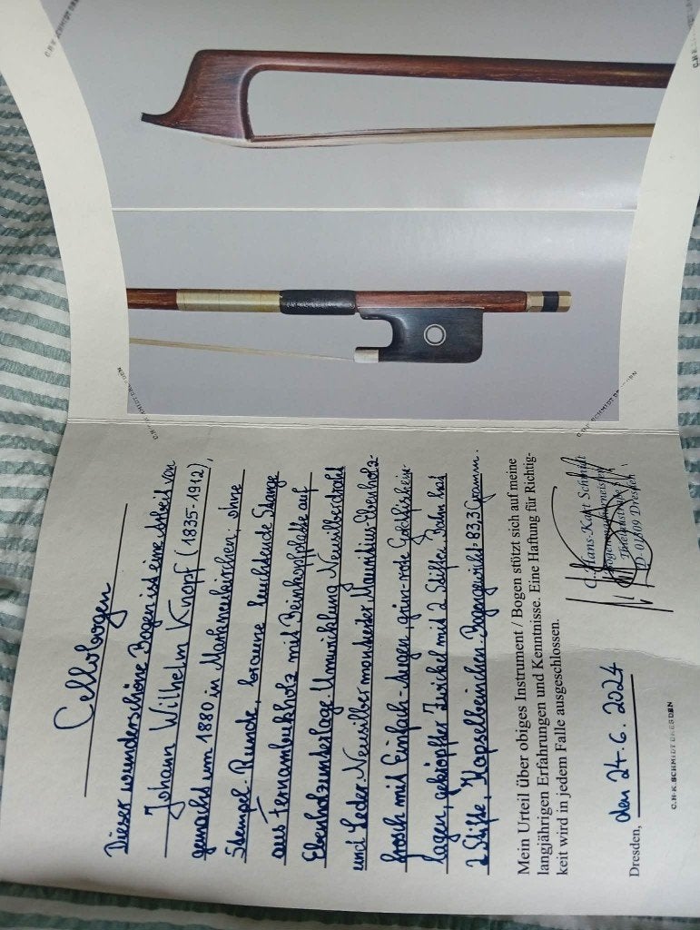 Cellostrijkstok met certificaat, Muziek en Instrumenten, Ophalen of Verzenden, Zo goed als nieuw, 4/4-cello