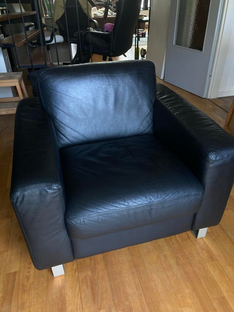 Zwarte Leren Fauteuil, Huis en Inrichting, Ophalen, Gebruikt, 75 tot 100 cm, Leer