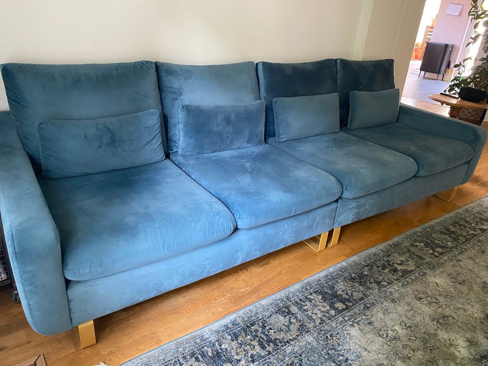 Ruime blauwe velvet bank - 280 cm breed, Ophalen, 250 tot 300 cm, Gebruikt, 75 tot 100 cm