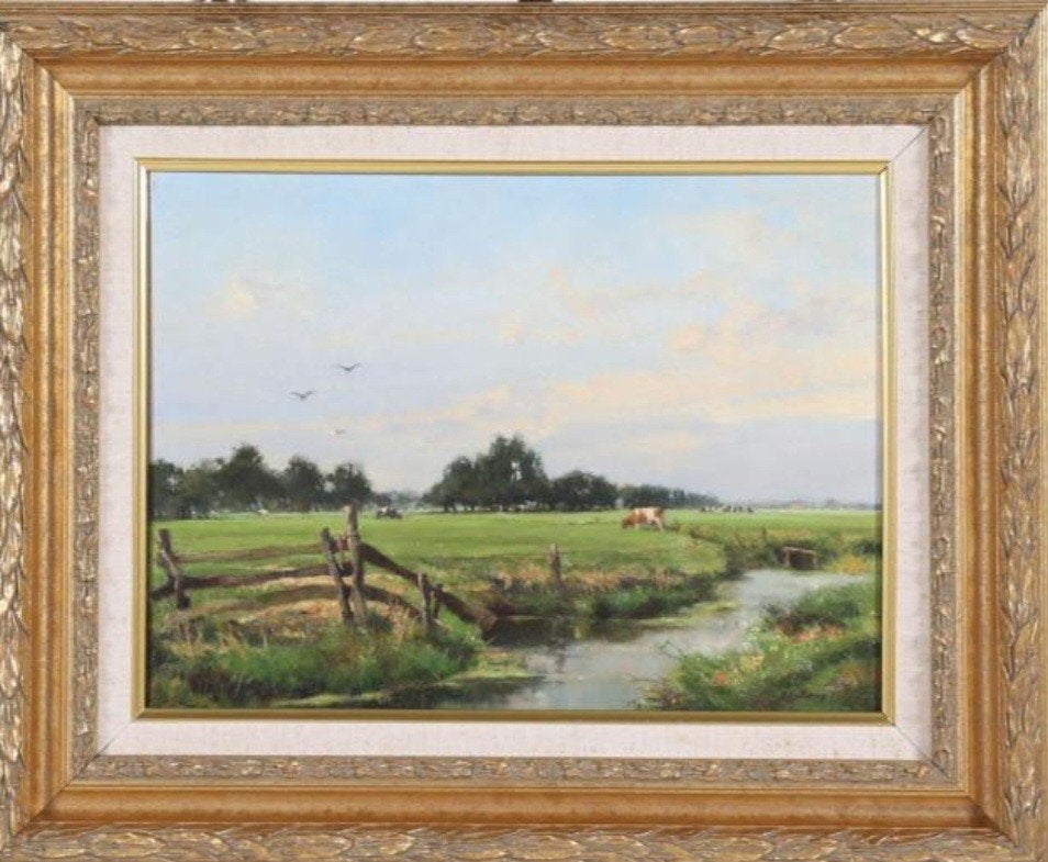 Jan Holtrop landschap met koeien, Antiek en Kunst, Kunst | Schilderijen | Klassiek, Ophalen of Verzenden