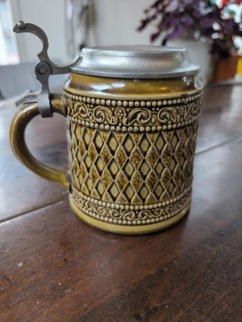 Vintage Bierpul met Scharnierend Deksel - Keramiek & Tin, Ophalen of Verzenden