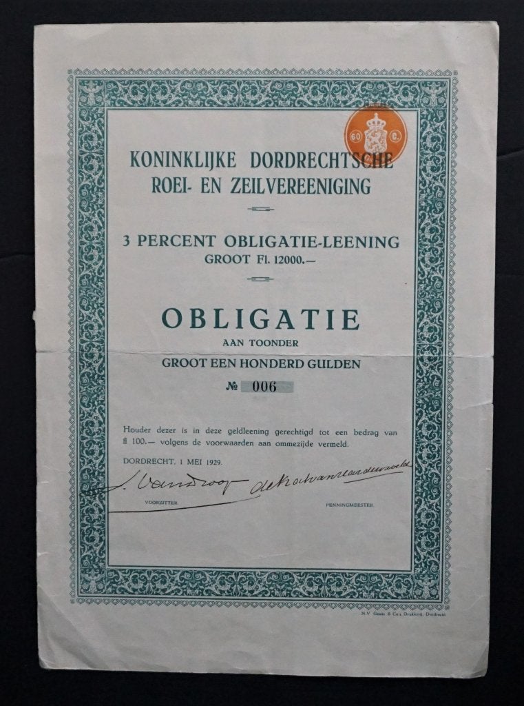 Koninklijke Dordrechtsche Roei- en Zeilvereeniging (KDR&ZV), Postzegels en Munten, Verzenden, 1920 tot 1950, Obligatie of Lening
