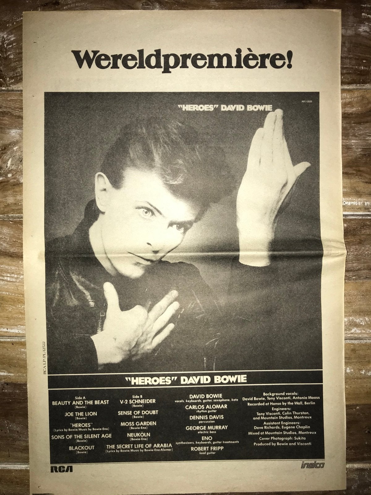 Paginagrote A3 advertentie DAVID BOWIE Heroes release, Ophalen of Verzenden, Zo goed als nieuw, A1 t/m A3