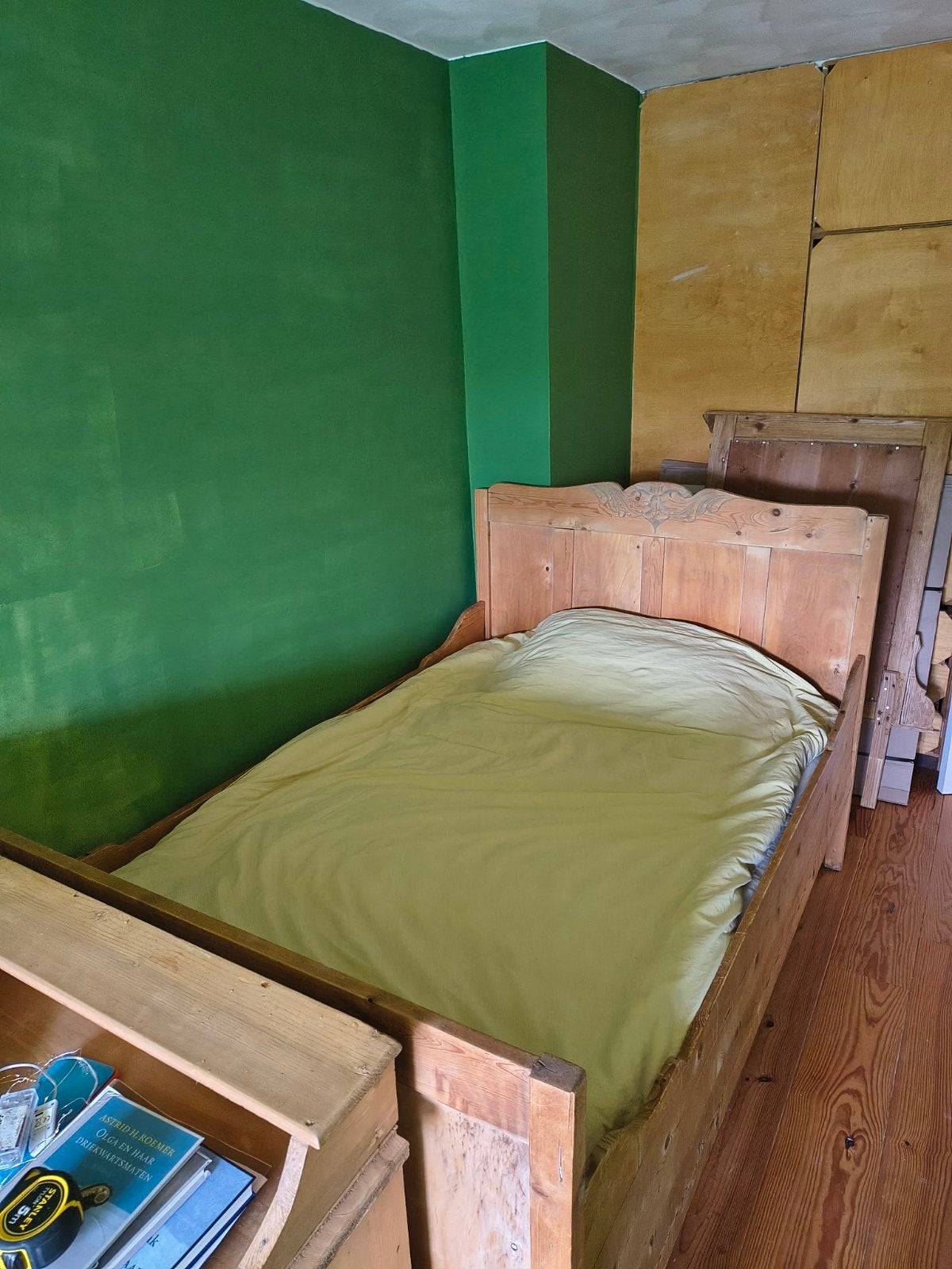 Antiek houten bed met lattenbodem en matras, Ophalen, Gebruikt, 190 cm of minder, Twijfelaar
