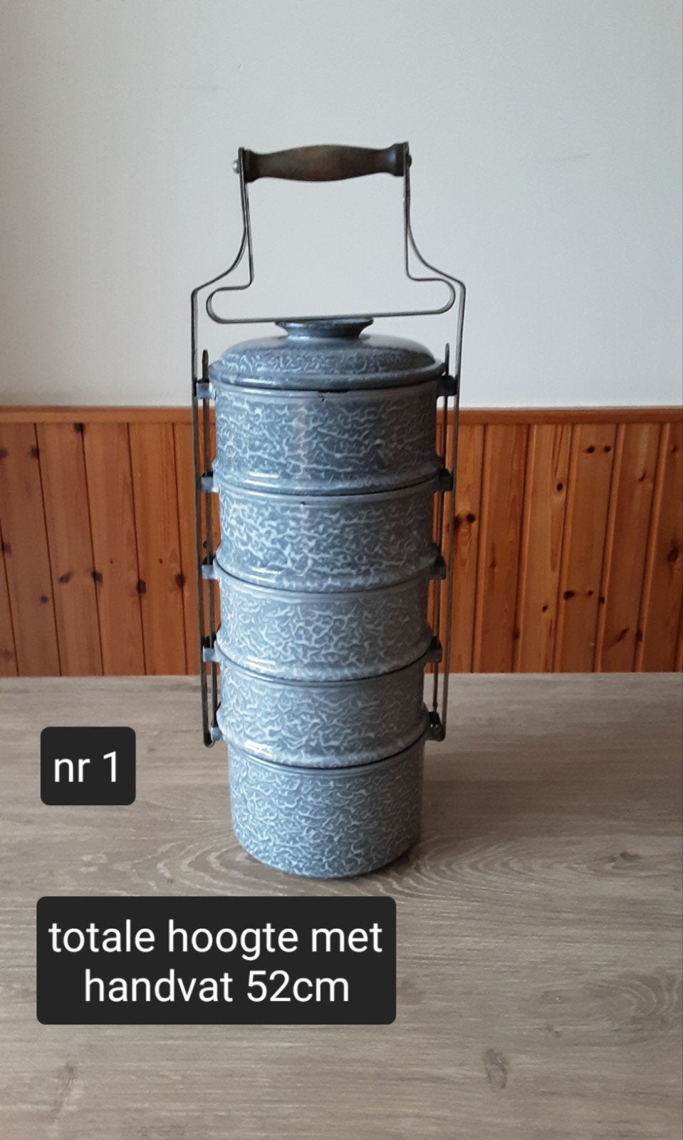 EMAILLE GRIJSGEWOLKTE 5 PANS /RANTANG/ETENSDRAGER., Ophalen of Verzenden