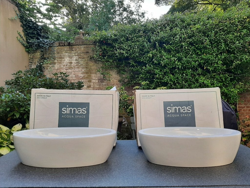 Een paar Italiaanse Design Wasbakken merk Simas, Ophalen, Nieuw, Steen, Wastafel