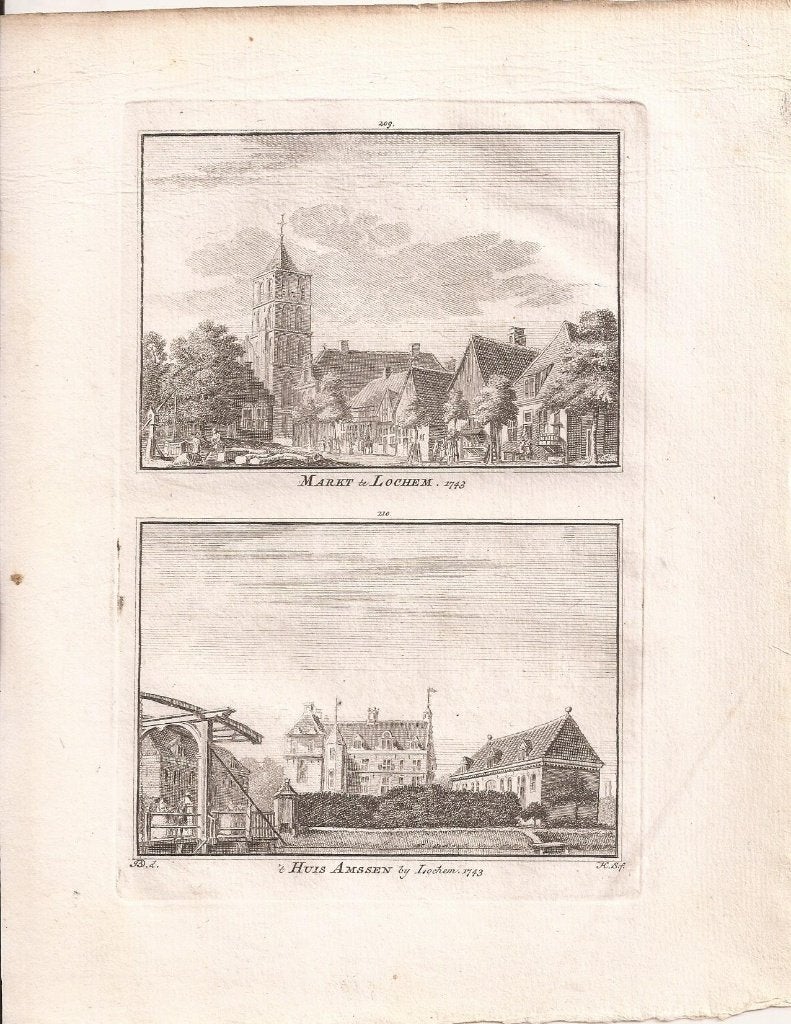 Lochem Markt te Lochem 1743 't Huis Amssen bij Lochem. 1743, Origineel, Stadsgezicht, Ophalen of Verzenden, Gravure