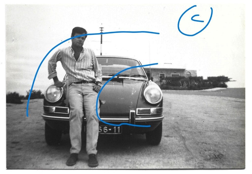 Porsche foto man overhemd sportwagen, 1960 tot 1980, Verzenden, Foto, Zo goed als nieuw