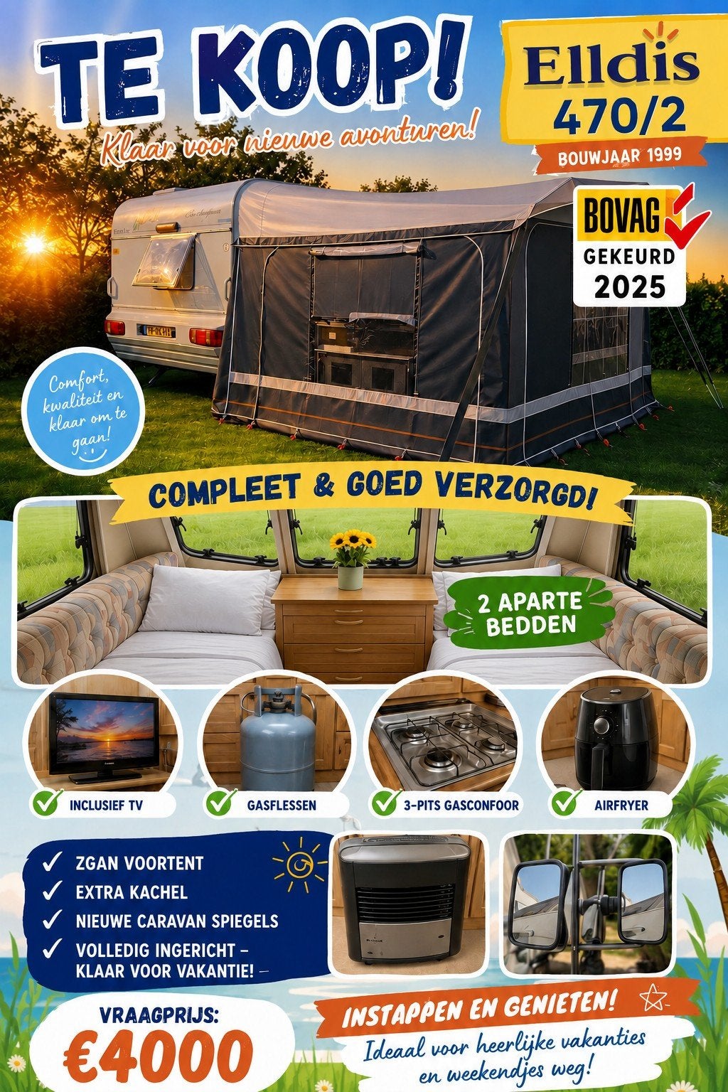 Elldis 470-2 wisp caravan, Caravans en Kamperen, Elddis, 750 - 1000 kg, Particulier, Luifel
