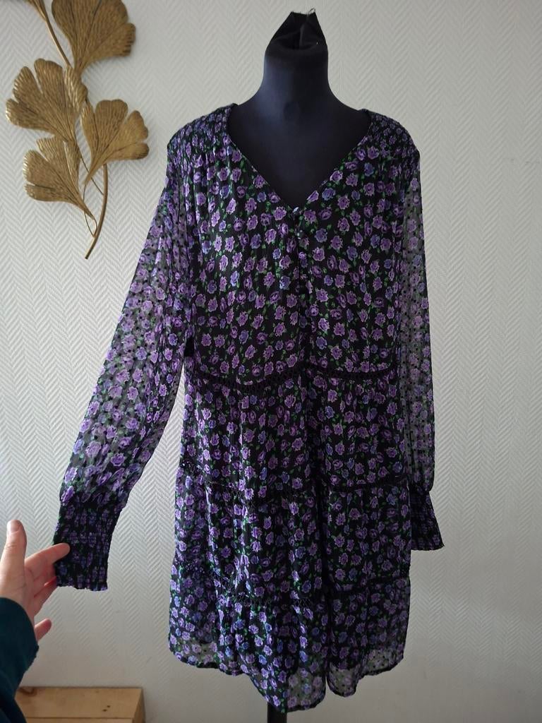 FSTVL Jurkje Maat 40 - Zwart met paarse bloemen, Maat 38/40 (M), Paars, Ophalen of Verzenden, Boven de knie