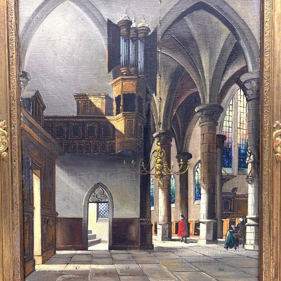 Hollandse School 20e eeuw - kerkinterieur, Antiek en Kunst, Kunst | Schilderijen | Klassiek, Ophalen of Verzenden