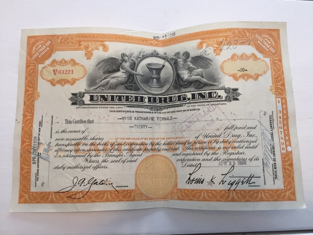 Prachtig certificaat van 20 aandelen United Drug Inc.1936, Verzenden, 1920 tot 1950, Aandeel