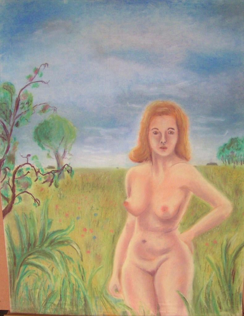 Hubert Bekman Sepiakrijt "NHS naaktpose" vrouw in landschap, Antiek en Kunst, Kunst | Tekeningen en Foto's, Ophalen of Verzenden