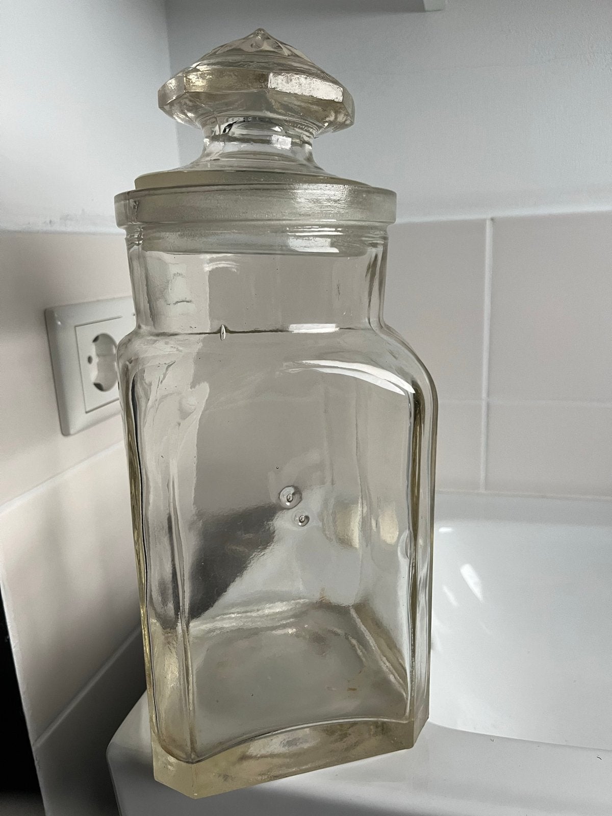 Grote vintage voorraadpot met luchtbellen in glas, Ophalen of Verzenden