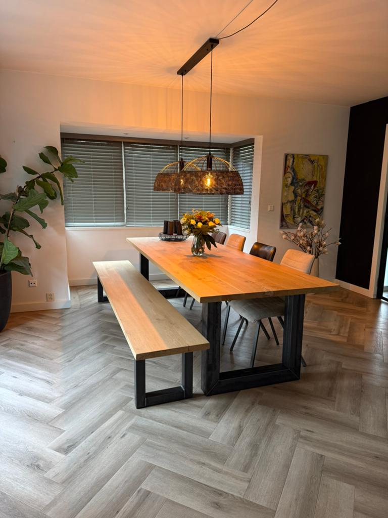 Eettafel en bank 2,80 m, 100 tot 150 cm, Eikenhout, 200 cm of meer, Ophalen of Verzenden