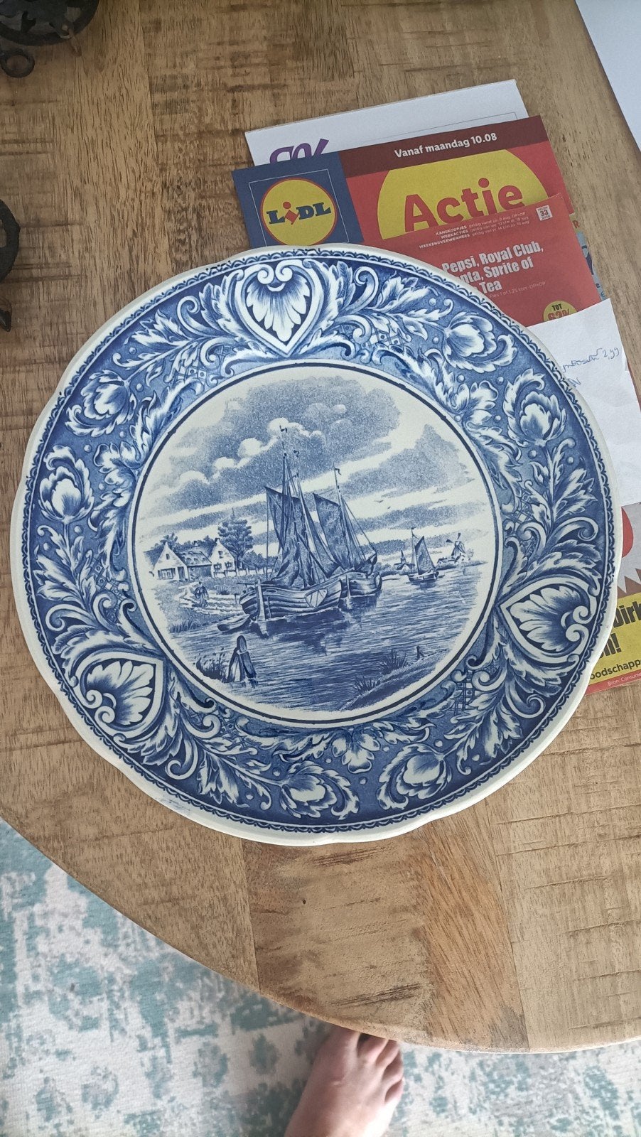 Antiek Blauw Wandbord - Schepen op Zee, Ophalen