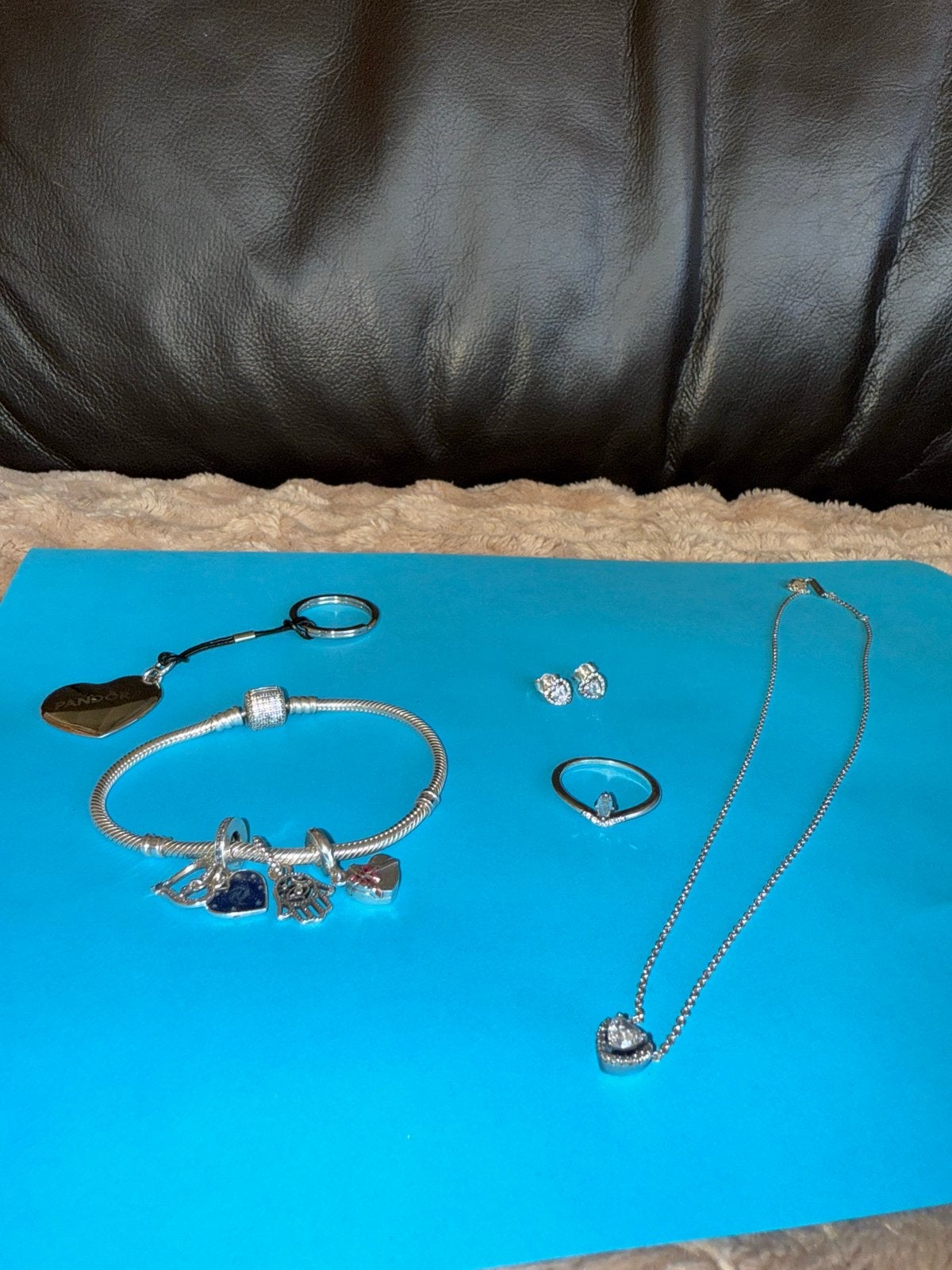Pandora sieradenset: armband, ketting, ring, oorbellen, Ophalen of Verzenden, Zo goed als nieuw, Zilver, Met bedels of kralen