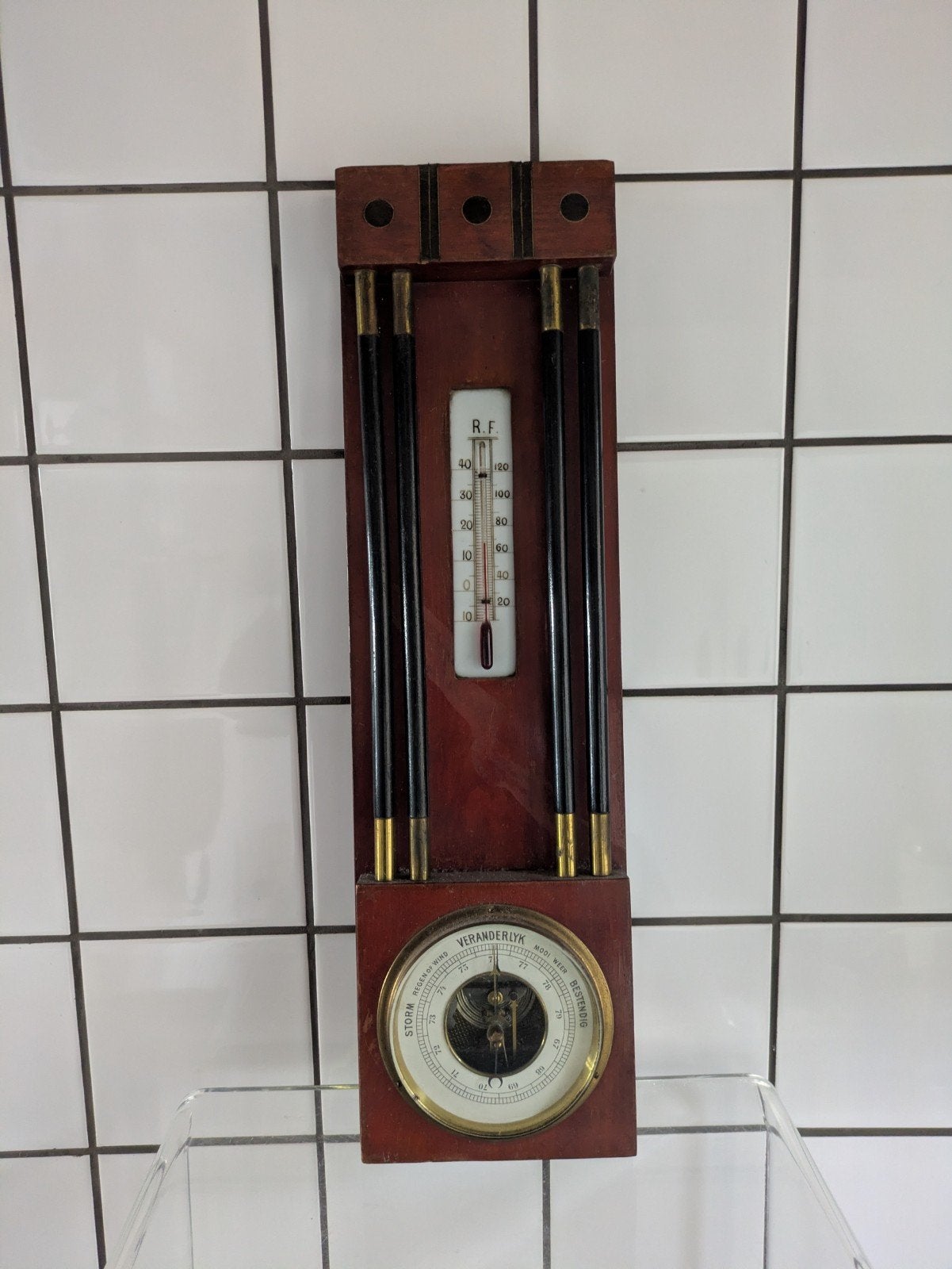 Antieke weerstation met barometer en thermometer, Ophalen of Verzenden, Gebruikt, Weerstation
