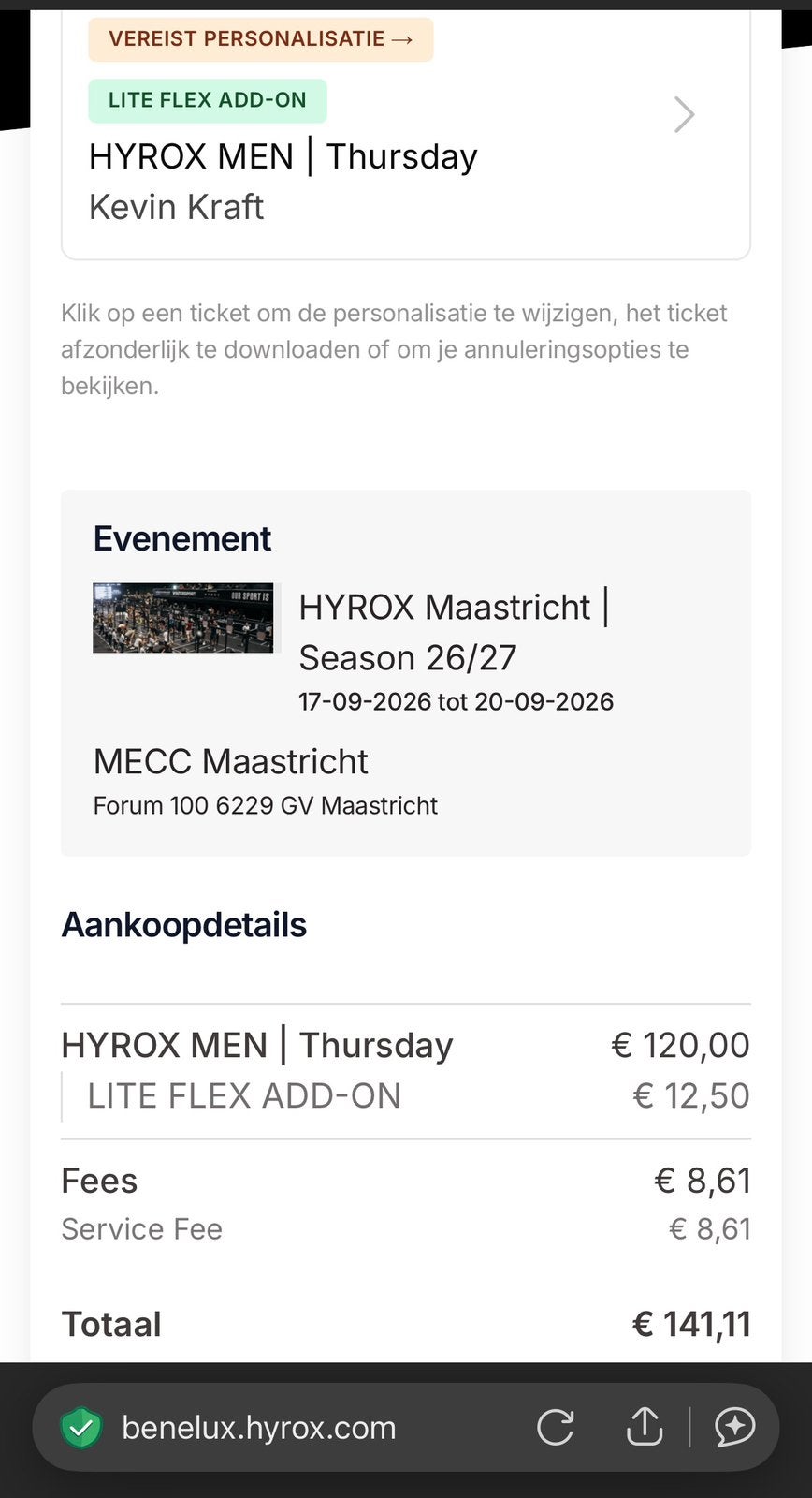 Hyrox Maastricht Single Open Men Ticket, Eén persoon, Overige soorten, Overige typen
