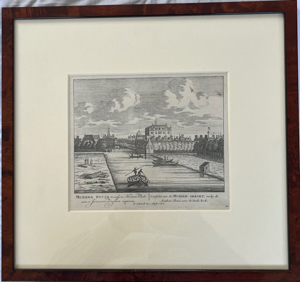 18e gravure Muidergracht & Portugese Synagoge Pieter Schenk, Ophalen, Stadsgezicht, 17 cm, Gravure