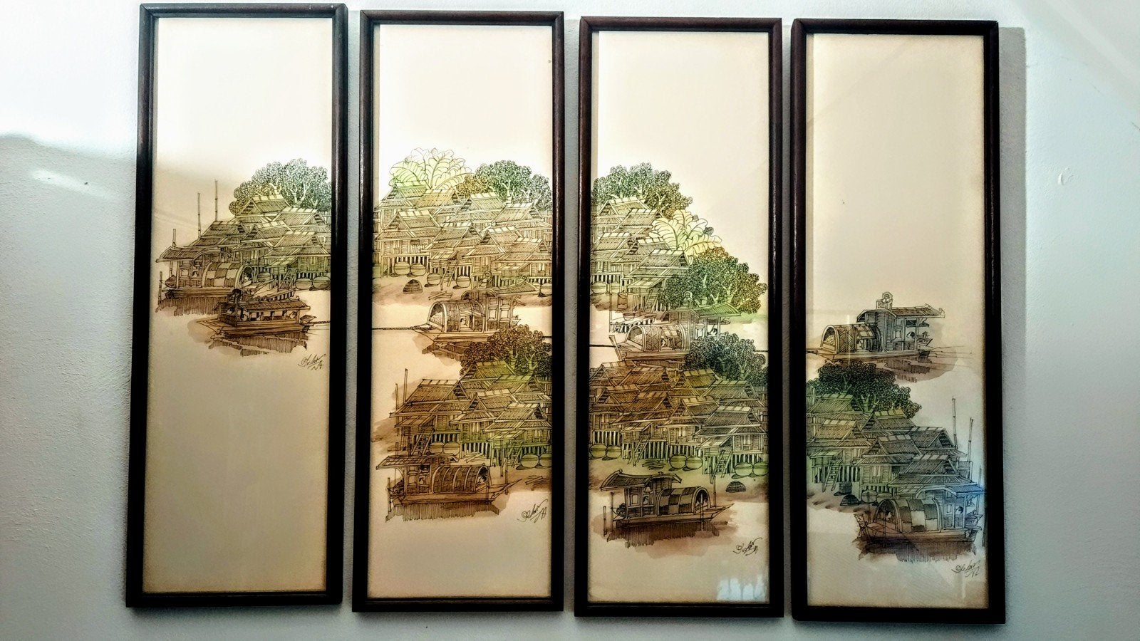 Thailand  aquarel 4 panelen rivier uitzicht, Ophalen of Verzenden, Landschap, Papier, Ingelijst